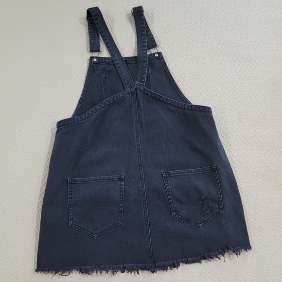 Cello Black Distressed Denim Overall Dress Size Medium Fringe Frayed Hem - Picture 8 of 13